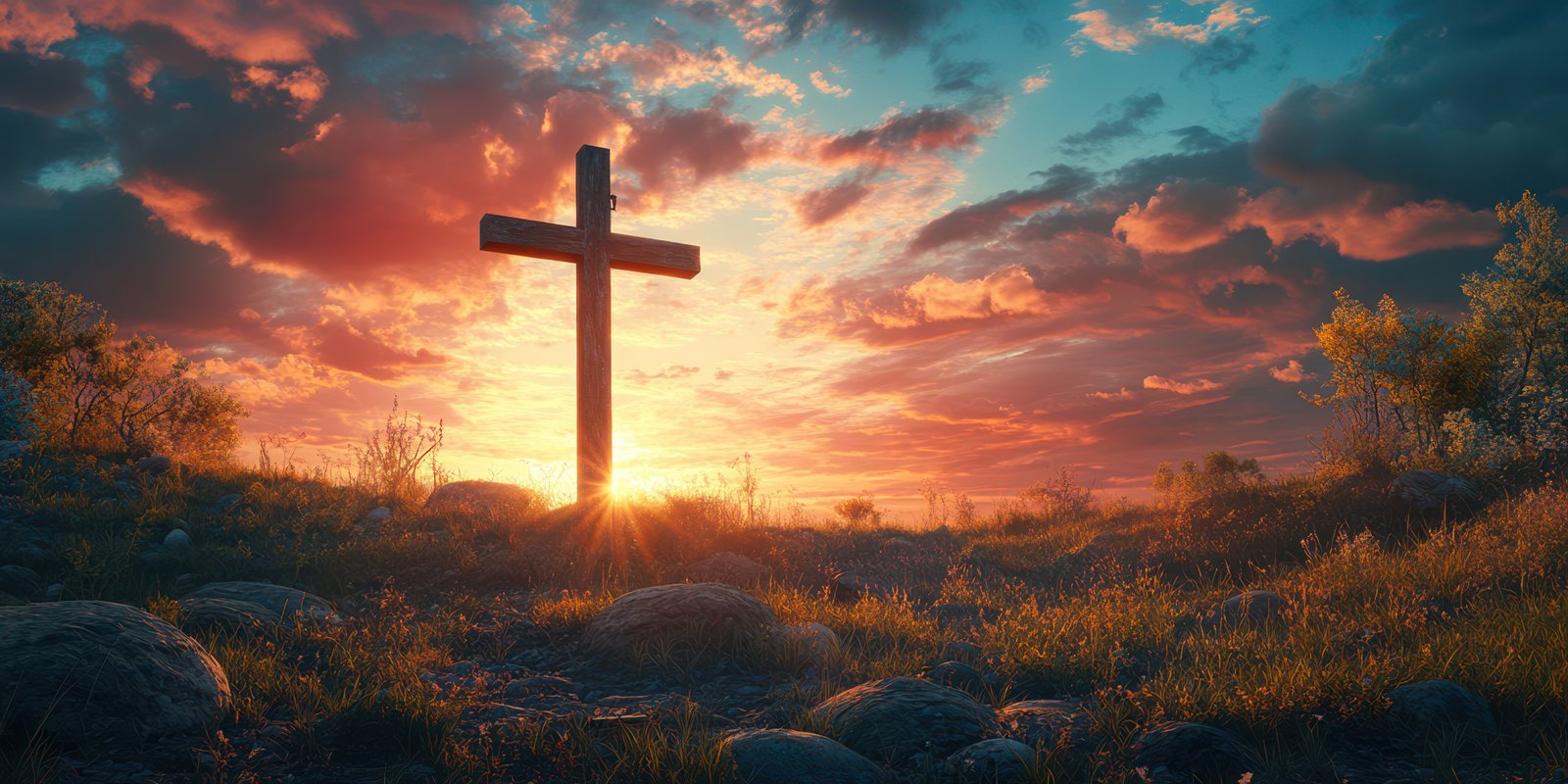 Sunset illuminates a wooden cross amidst the beauty of nature in a tranquil setting